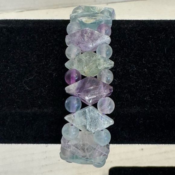 Natural Gemstones VTG Jade Quartz Stretch Bracelet Green Purple Argyle Diamonds - Picture 8 of 16